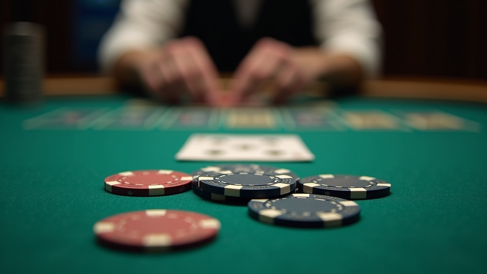 Eye-level view of poker table with chips and cards