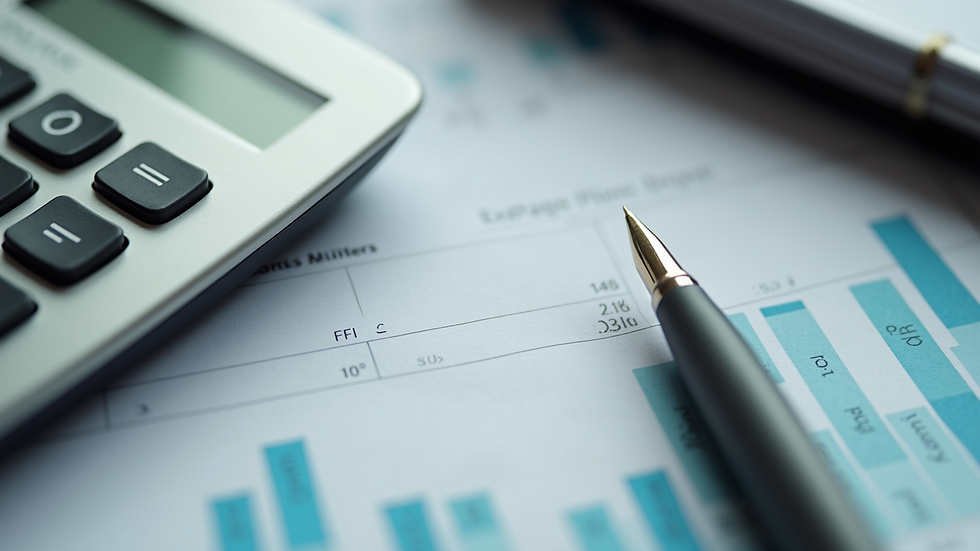 High angle view of a calculator, pen, and financial documents on a desk