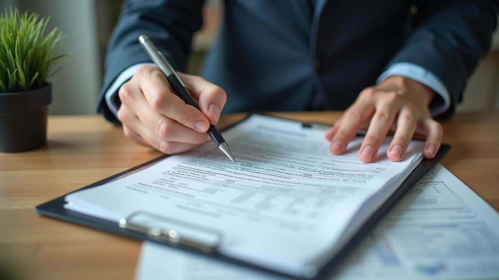 High angle view of a person reviewing loan documents at a desk