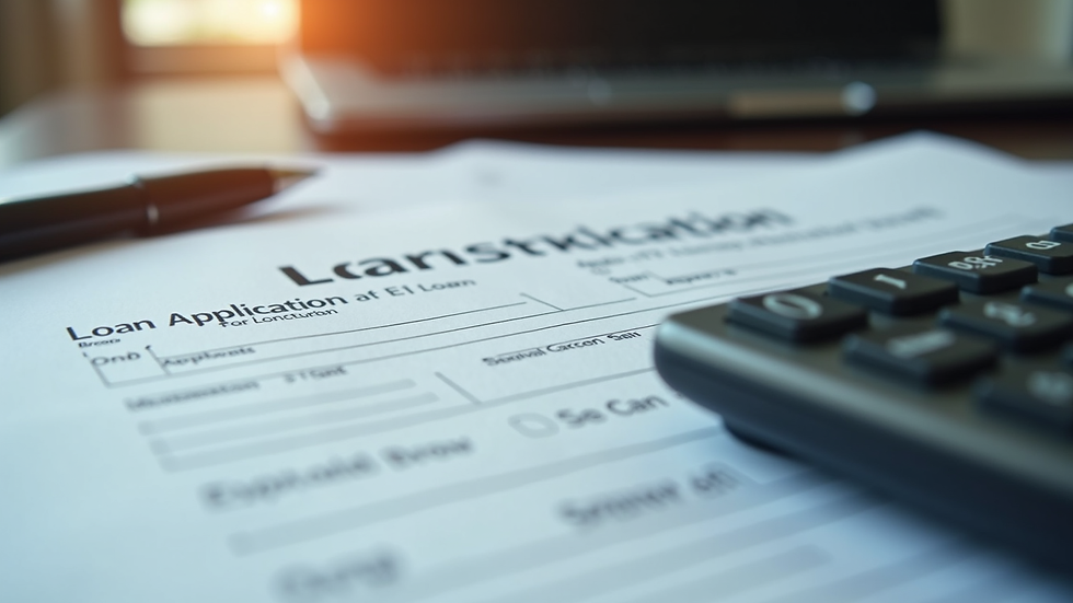 Close-up view of a calculator and loan application form on a table