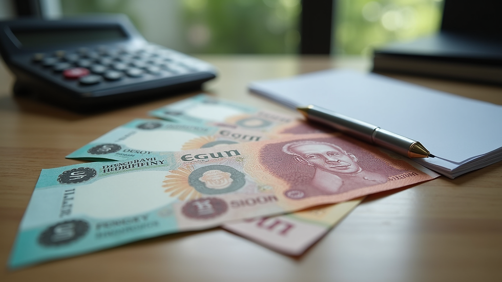 Close-up view of a Malaysian ringgit banknotes and a calculator on a table