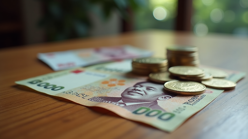 Close-up view of Malaysian ringgit notes and coins on a wooden table