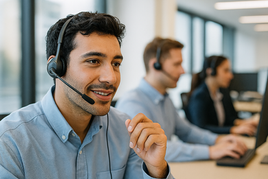 customer service agent using a headset phone system