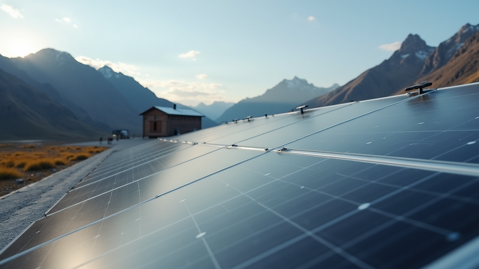 Eye-level view of solar panels on a remote cabin roof