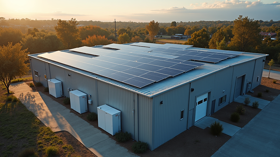 High angle view of solar panels and battery storage units installed on a commercial property