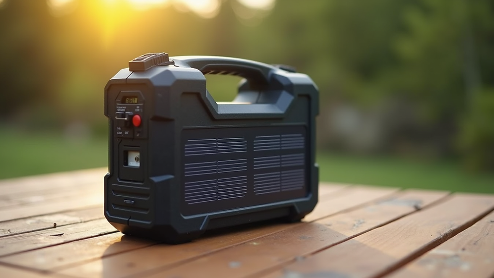 Close-up view of a portable solar generator on a wooden table