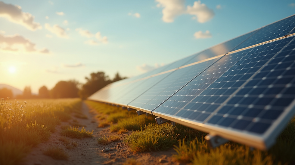 Eye-level view of a solar energy installation in a rural area