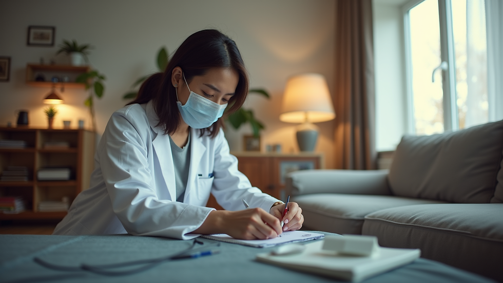 Eye-level view of a mobile phlebotomist setting up equipment in a cozy living room