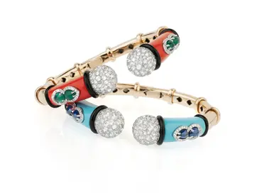 Coral and turquoise with diamonds, emeralds and sapphires, in rose gold