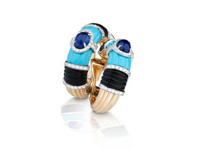 Oro rosa e bianco con zaffiri blu, diamanti con turchese e onice