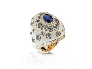 Rose gold with blue sapphires, diamonds and white agate
