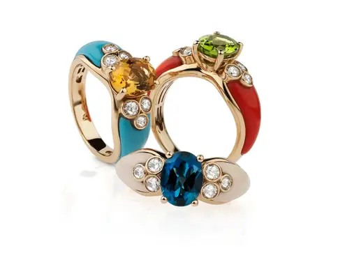 Turquoise and coral rings with diamonds and semiprecious stones