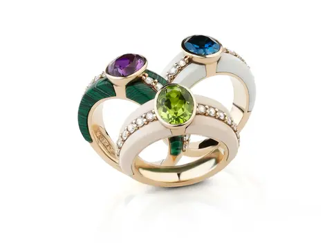 Pink coral, white agate and malachite rings with diamonds and semiprecious stones