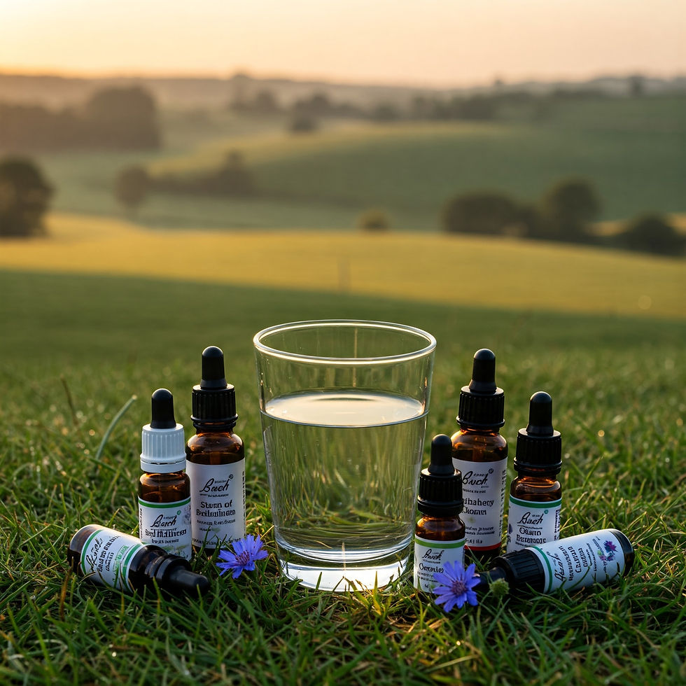 Glass of water surrounded by brown dropper bottles of bach flower remedies on grass with purple flowers; a peaceful countryside landscape at sunset in the background.