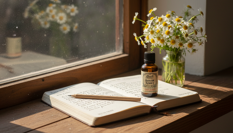 Eye-level view of a journal, pencil, and flower remedy bottle on a windowsill