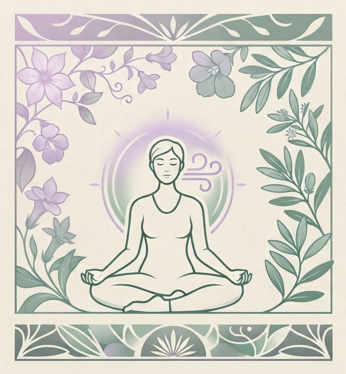Serene pastel illustration of a person meditating in lotus pose, framed by purple and green flowers and leaves on a cream background. A person looking for natural ways to cope with a summer heat wave