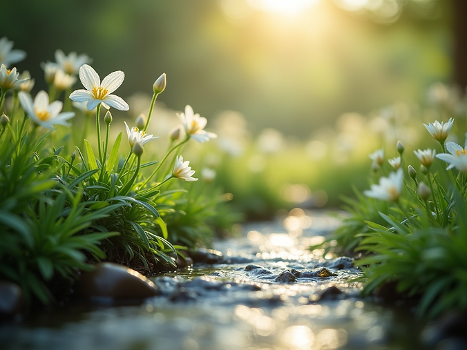 A serene landscape with soft, natural light, featuring dew-kissed flowers and a gentle str