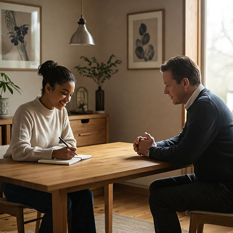 A woman writes in a notebook at a wooden table while a man listens attentively. The setting is a cozy room with framed art and plants.