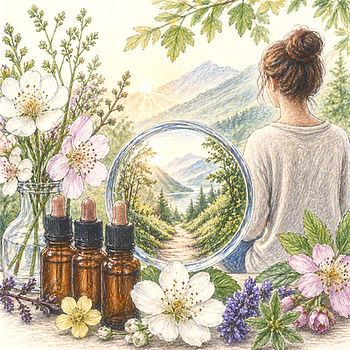 A woman with a bun sits facing a sunlit mountain scene. Flowers and three brown dropper bottles are in the foreground. Peaceful mood.