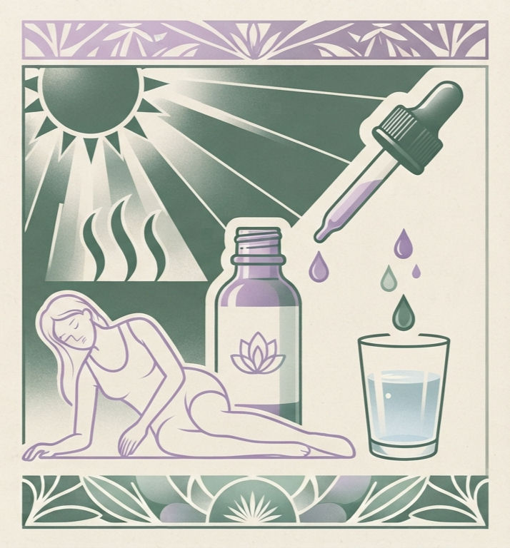 Stylized wellness poster with sun rays, dropper over a glass, bottle, and reclining woman on a pastel green and purple background. A glass of water with drops being added, representing Bach flower remedies for heat relief