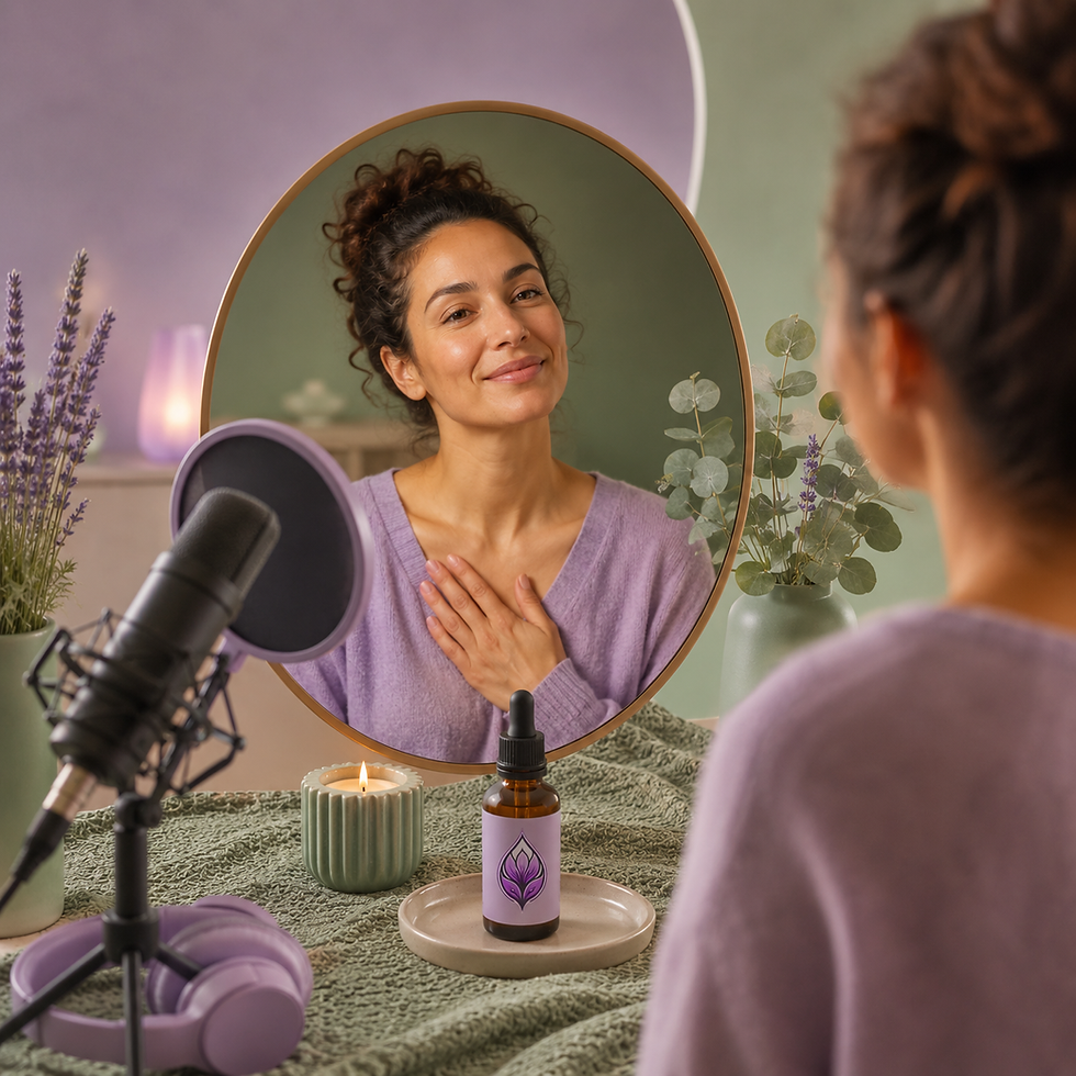 Woman smiles in mirror at a mic, hand on chest, in a calming spa setup with candle, lavender, headphones, and oil bottle.