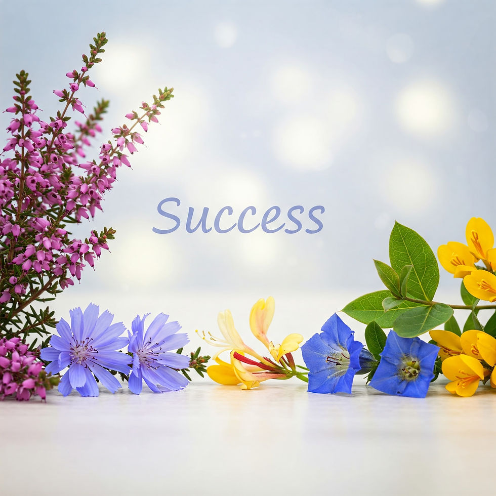 Colorful flowers with text "Success" on a soft blue background. Yellow, pink, blue blooms convey a cheerful and optimistic mood.