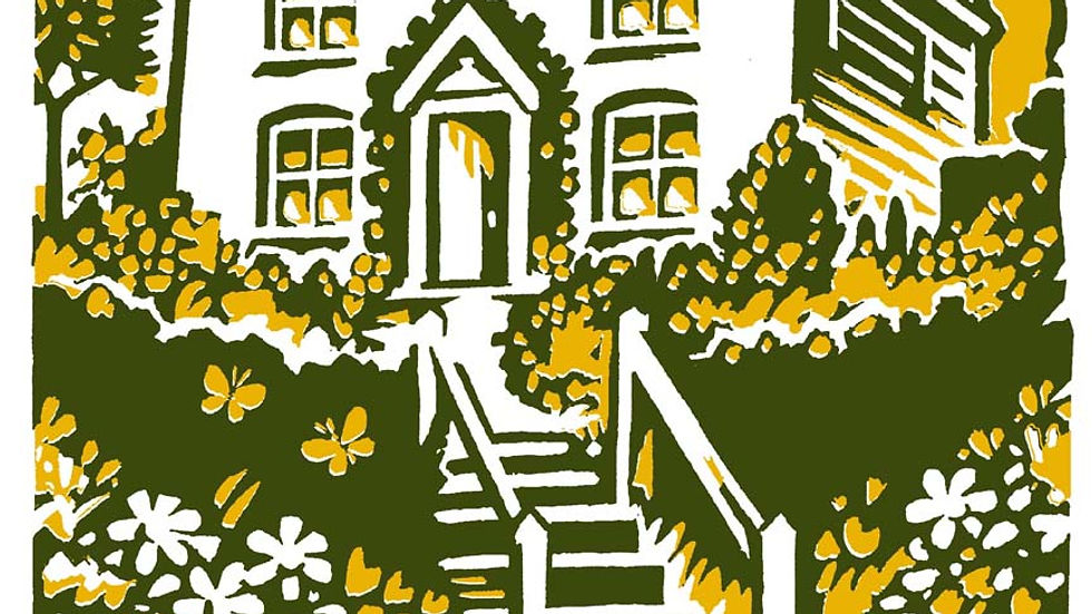 Illustration of a house with a garden in green and gold hues. Text reads "Bach Foundation Registered Practitioner" beneath the image.