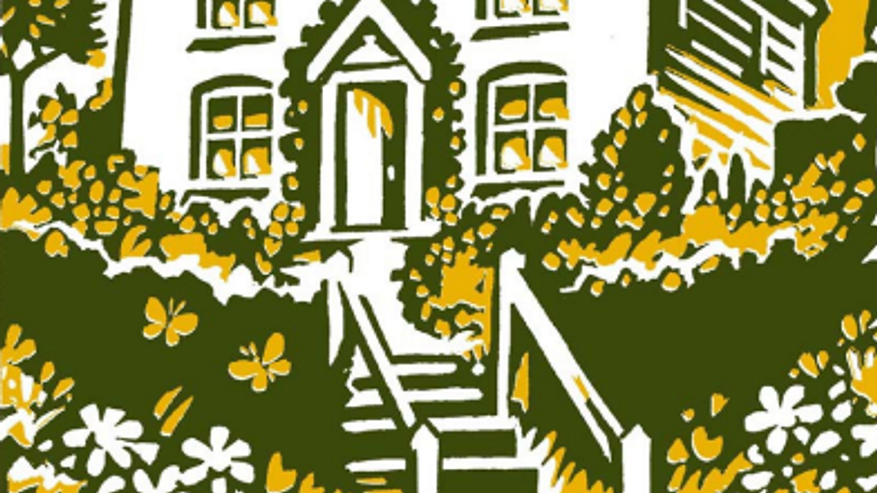 Illustration of a house with a garden, stairs leading up. Colors are green and yellow. Text reads "Bach Foundation, Registered Practitioner."