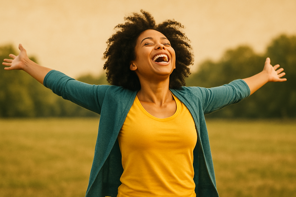 A joyful person with curly hair spreads arms wide, wearing a yellow shirt and teal cardigan, standing in a grassy field with trees.