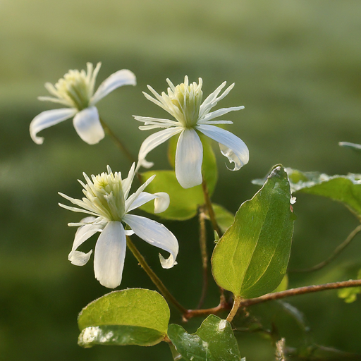 Fiori bianchi dai petali appuntiti sbocciano su steli verdi, con uno sfondo verde sfocato che trasmette una sensazione di serenità e freschezza.