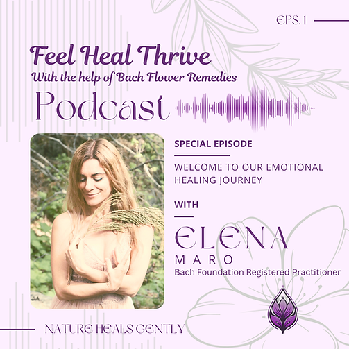 Feel Heal Thrive is launching a podcast. a relaxed, nature filled cover featuring elegant flower and leaves decorations, bach flower remedies and emotional healing
