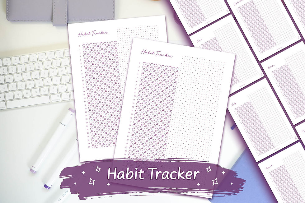 Purple Hand-Drawn Small Circle Habit Tracker Digital Download on a white desk with purple stationary