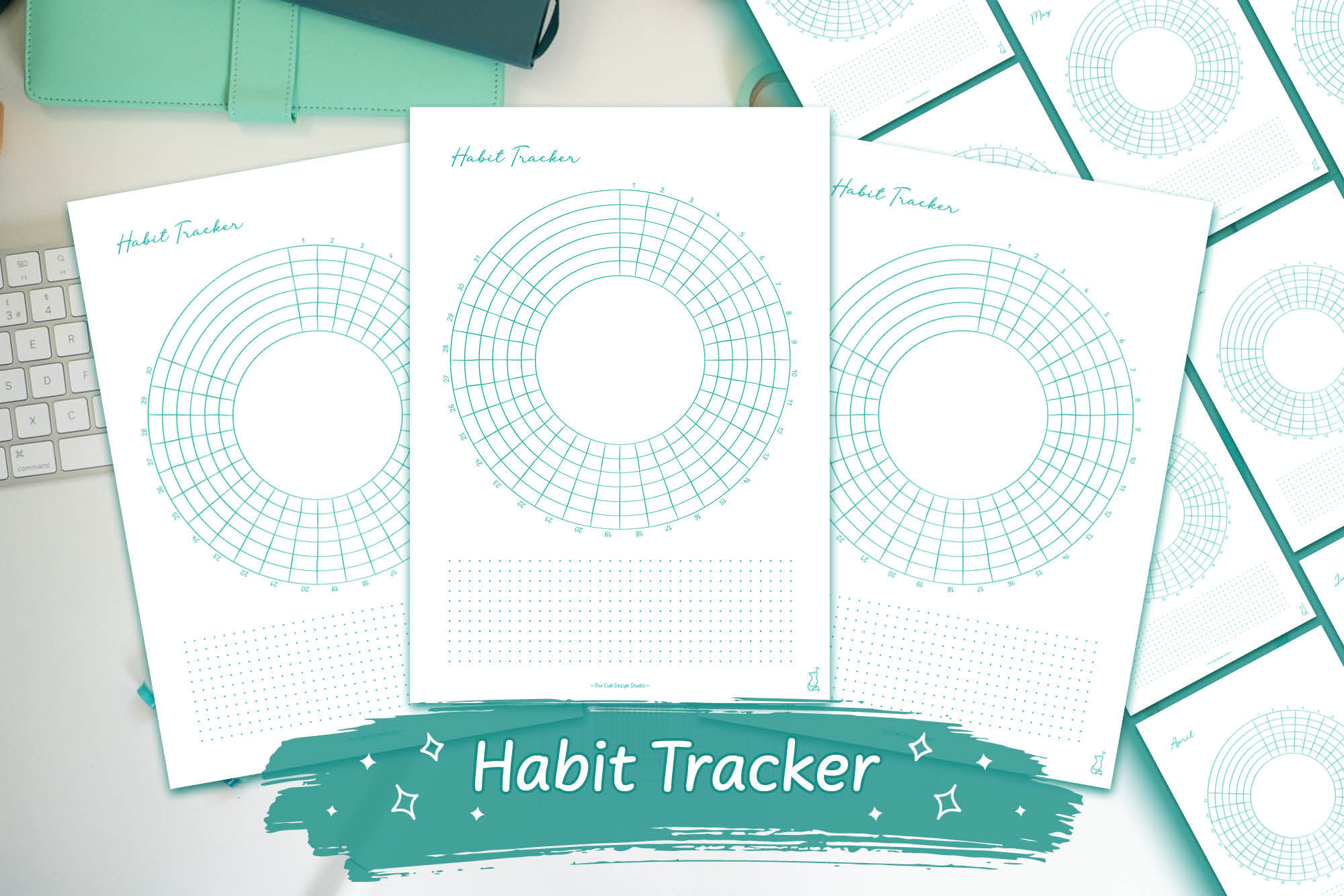Teal Hand-Drawn Circle Habit Tracker Digital Download on a white desk with teal stationary