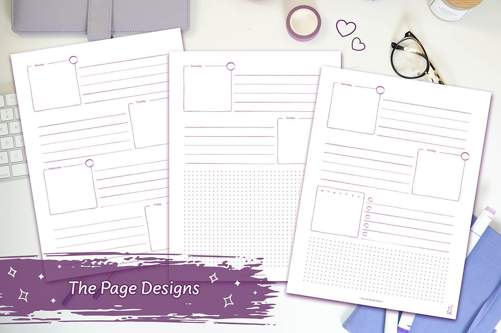 Purple Hand-Drawn Weekly Spread Design 8 Digital Download on a white desk with purple stationary
