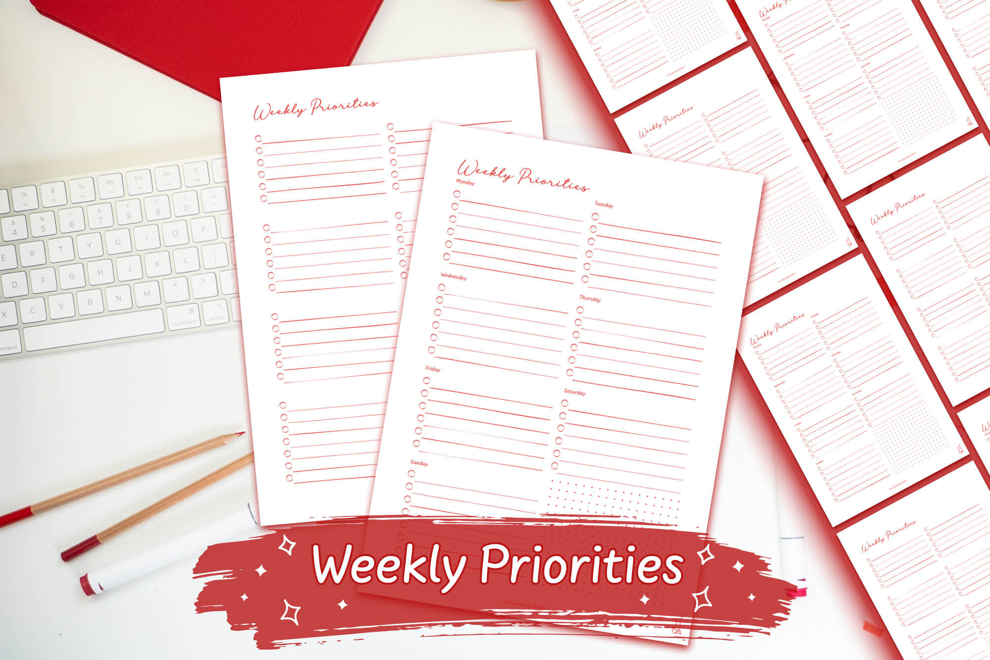 Red Hand-Drawn Weekly Priorities Digital Download on a white desk with red stationary
