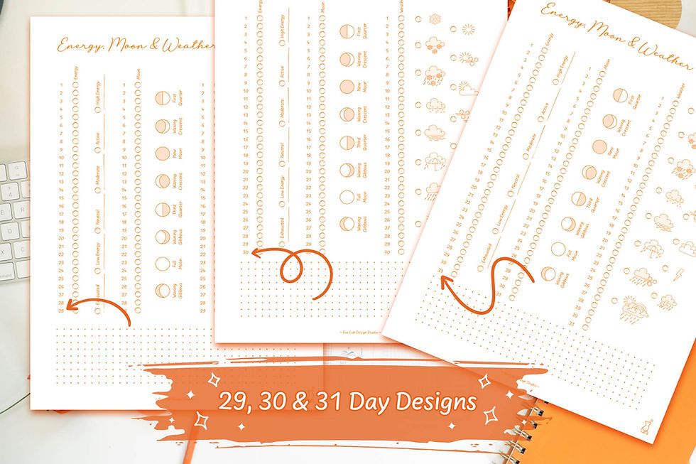Thumbnail: Orange Hand-Drawn Energy, Moon and Weather Tracker Digital Download on a white desk with orange stationary