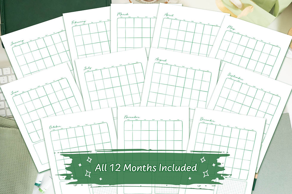 Thumbnail: Green Hand-Drawn Calendar Bundle Digital Download on a white desk with green stationary