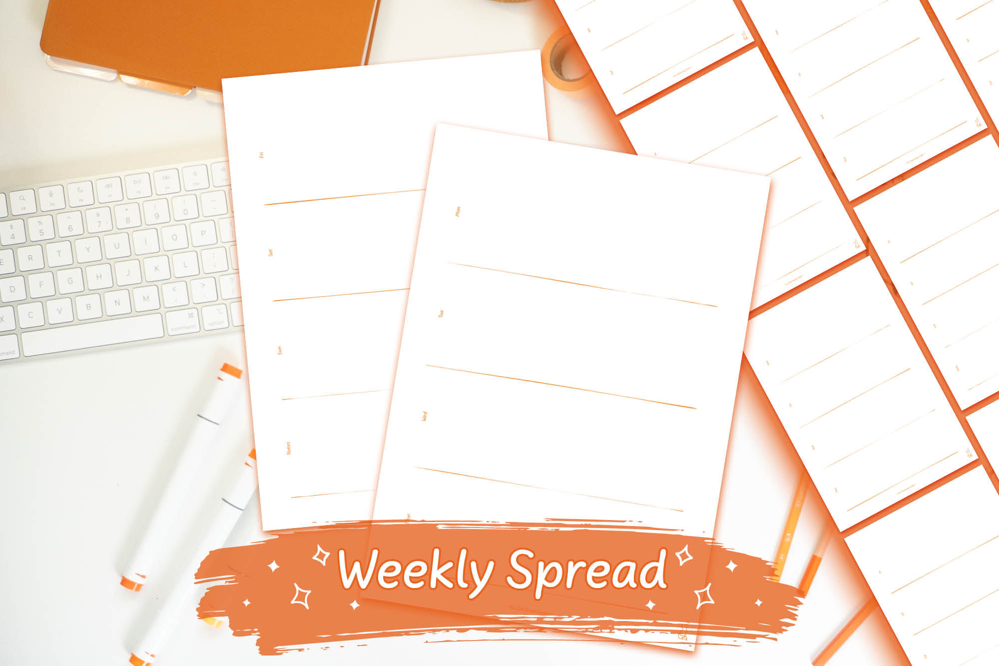 Orange Hand-Drawn Weekly Spread Design 3 Digital Download on a white desk with orange stationary