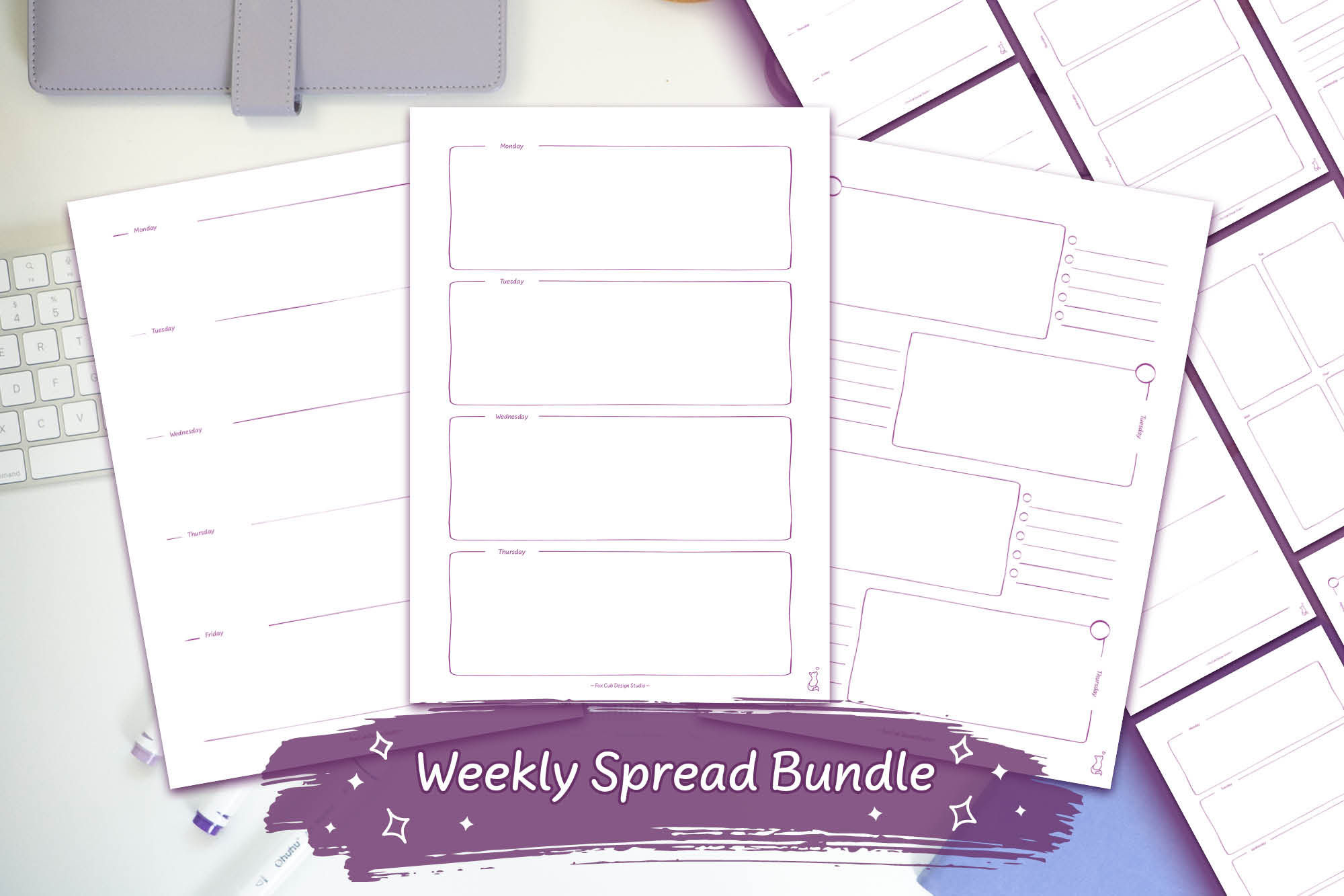 Purple Hand-Drawn Designs Weekly Spread Bundle Designs 1 - 8 Digital Download on a white desk with purple stationary