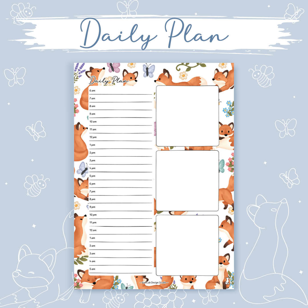 Printable daily planner page with a 24-hour schedule and three customisable planning boxes, featuring hand-drawn fox cub, but