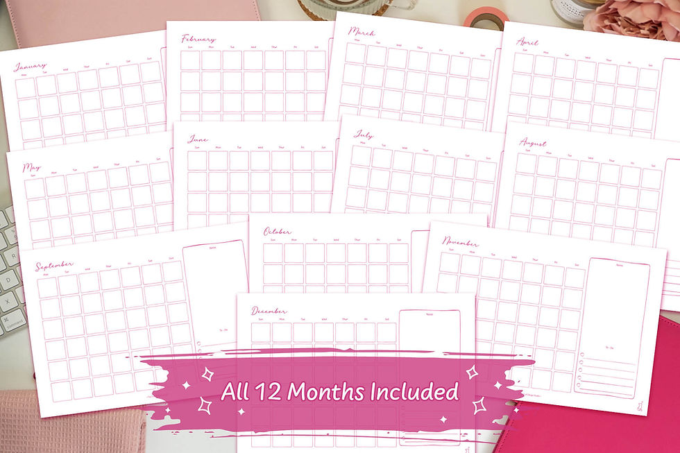 Pink Hand-Drawn Landscape Calendar Bundle Digital Download on a white desk with pink stationary