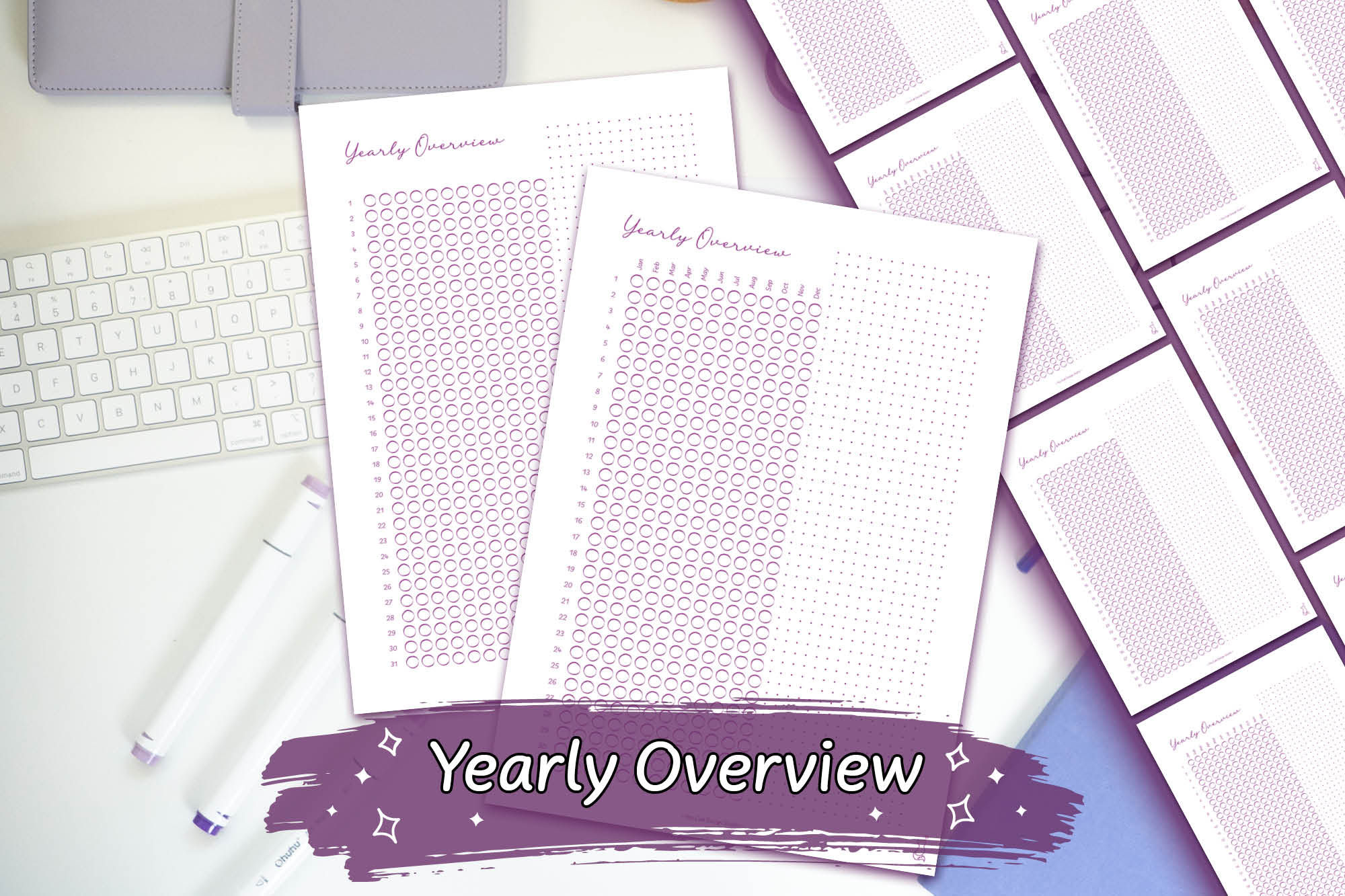 Purple Hand-Drawn Yearly Overview Digital Download on a white desk with purple stationary