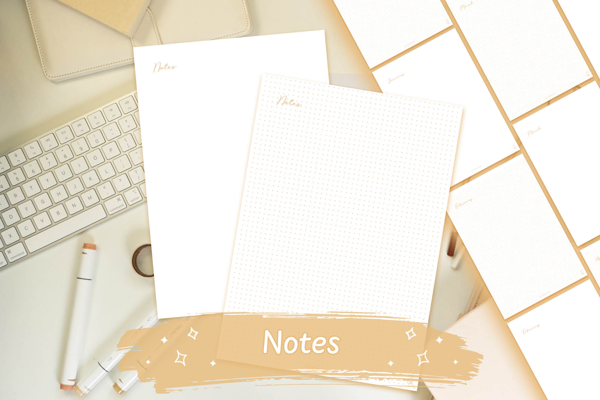 Beige Hand-Drawn Notes Planner Pages Digital Download on a white desk with beige stationary