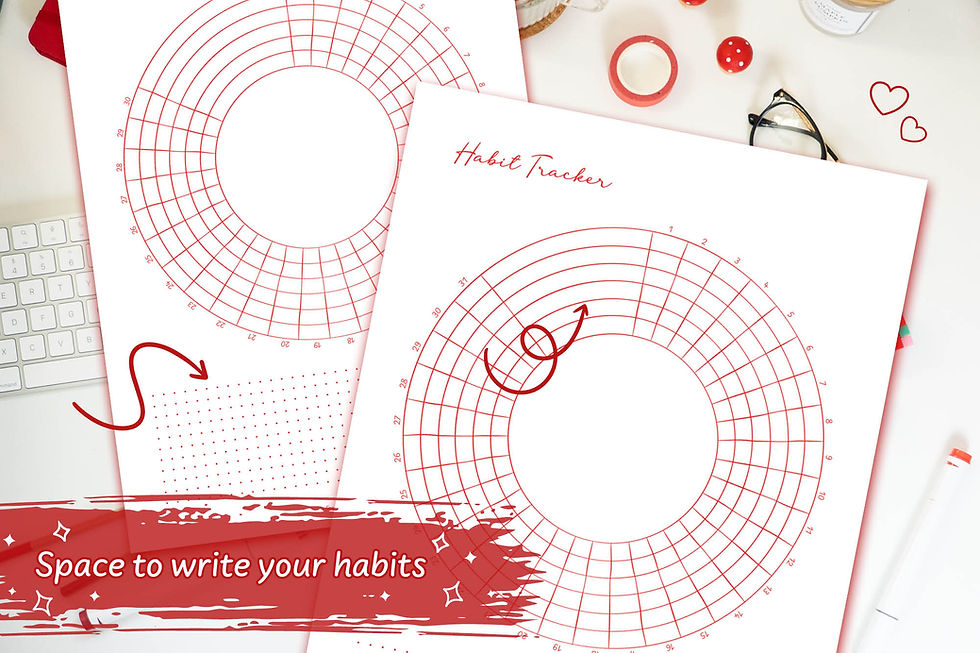 Thumbnail: Red Hand-Drawn Circle Habit Tracker Digital Download on a white desk with red stationary