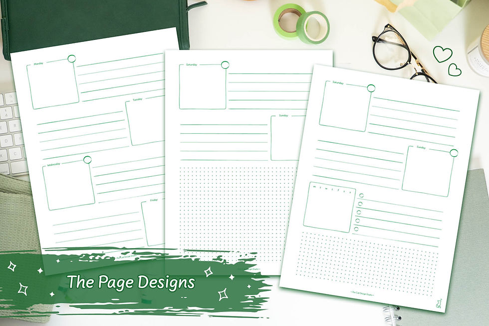 Green Hand-Drawn Weekly Spread Design 8 Digital Download on a white desk with green stationary