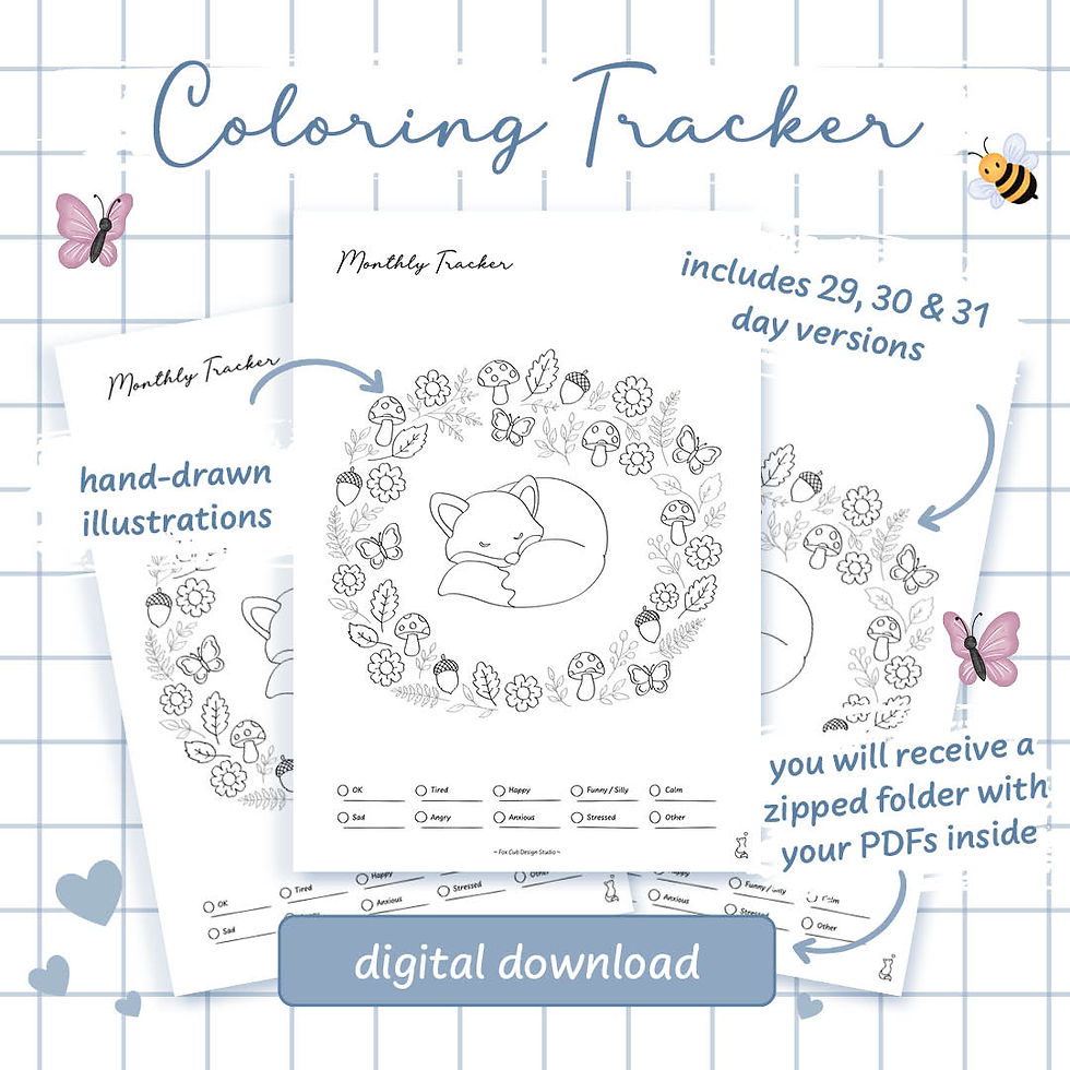 Printable monthly colouring tracker featuring a sleeping fox cub and illustrations to colour in.
