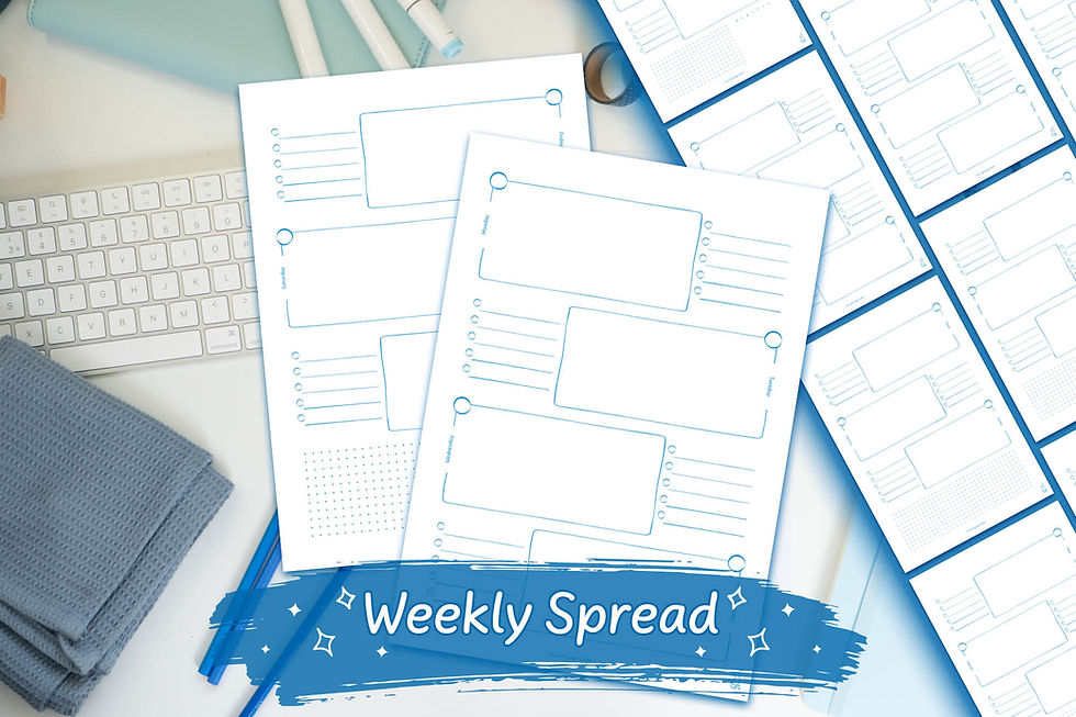 Blue Hand-Drawn Weekly spread design 7 Digital Download on a white desk with blue stationary