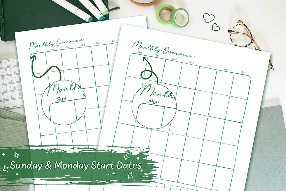 Thumbnail: Green Hand-Drawn Calendar Bundle Digital Download on a white desk with green stationary