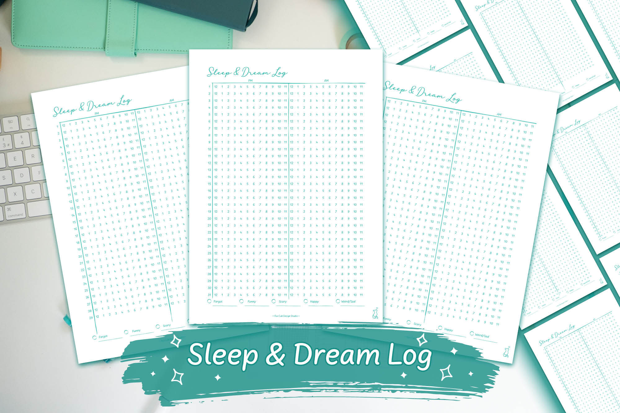 Teal Hand-Drawn Sleep and Dream Log Digital Download on a white desk with teal stationary