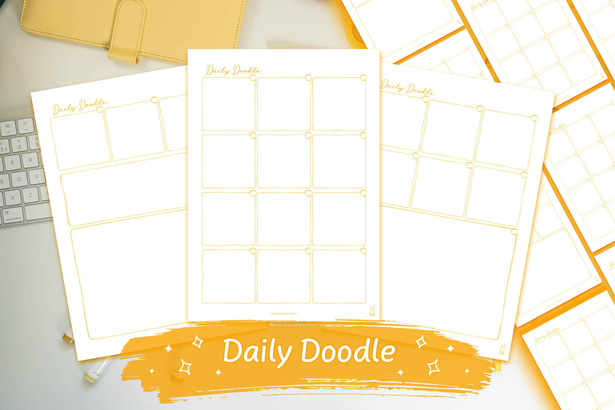 Yellow Hand-Drawn Daily Doodle Pages Digital Download on a white desk with yellow stationary